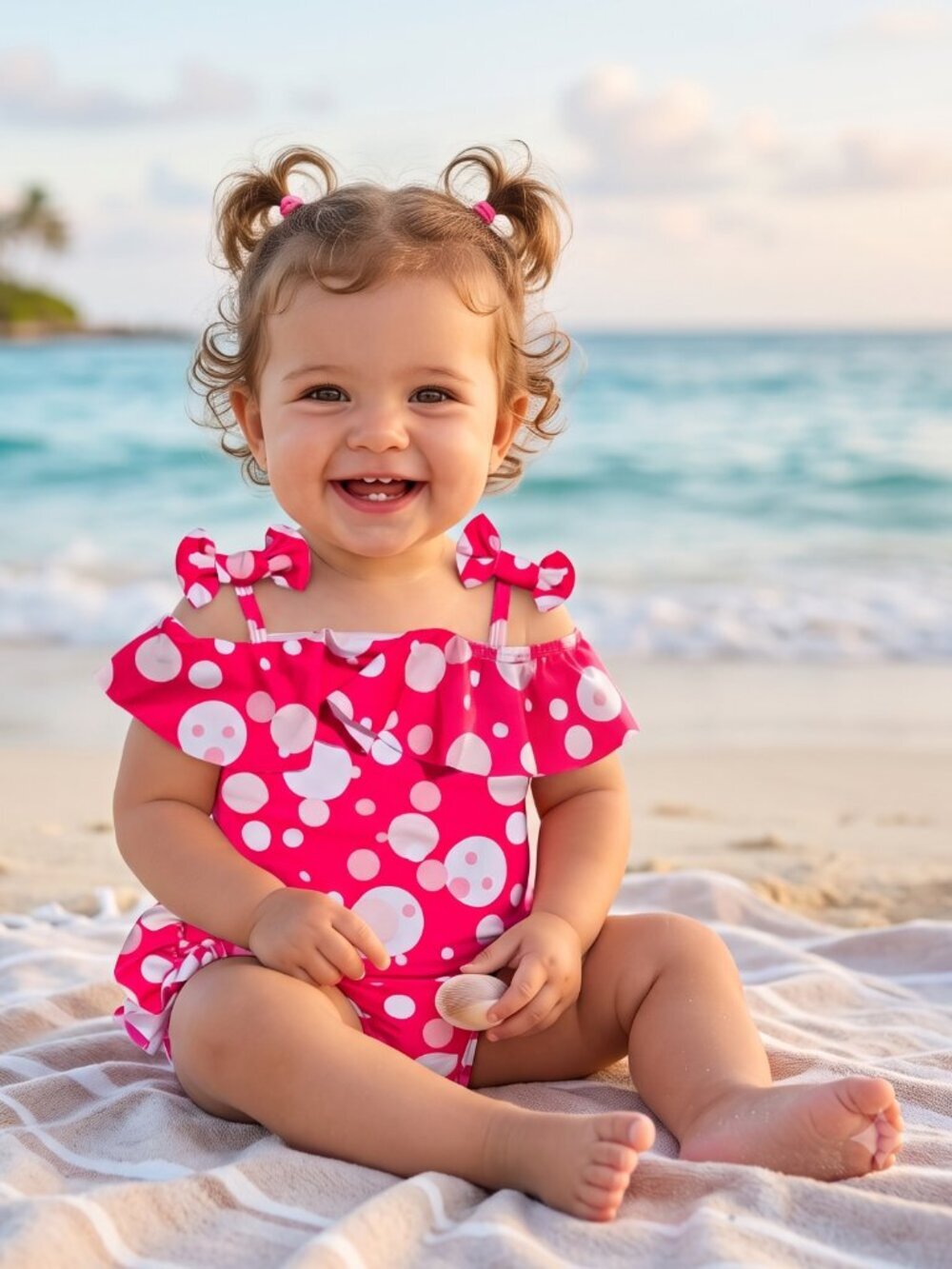 NWT | Mioglrie Baby Girl Polka Dot Ruffle Swimsuit | Shoulder Bows | Fuchsia Pin